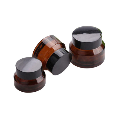 Amber Glass Empty Cosmetic Cream Jar Elegant Black Lid Aluminum Cap
