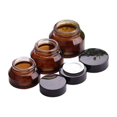 Amber Glass Empty Cosmetic Cream Jar Elegant Black Lid Aluminum Cap