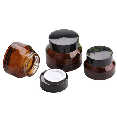 Amber Glass Empty Cosmetic Cream Jar Elegant Black Lid Aluminum Cap